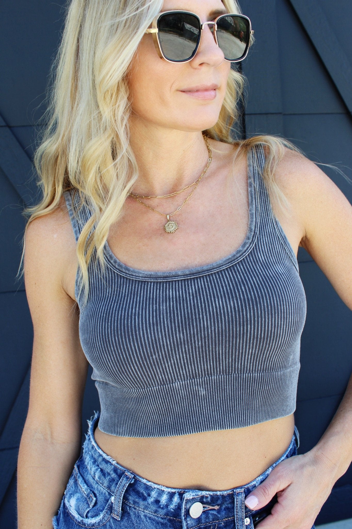 Acid Washed Ribbed Square Neck Crop-Ash Grey - Infinity Raine