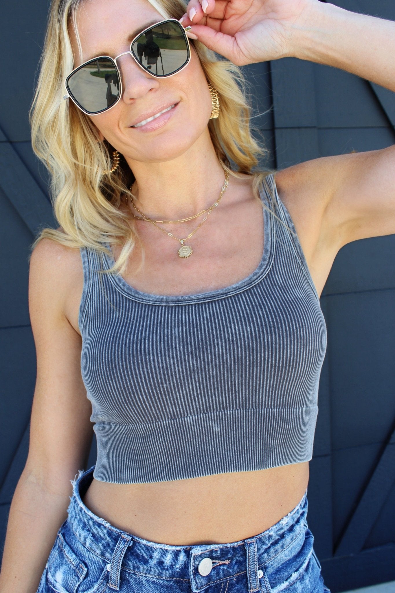 Acid Washed Ribbed Square Neck Crop-Ash Grey - Infinity Raine