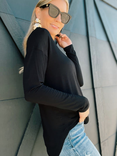 Basic Round Neck Long Sleeve Top-Black - Infinity Raine
