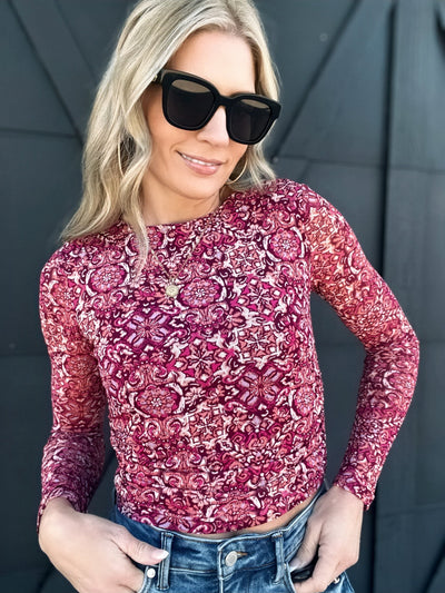 Floral Mesh Long Sleeve Top-Burgundy - Infinity Raine