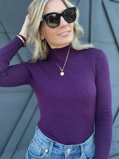Long Sleeve Ribbed Mock Neck Sweater-Purple - Infinity Raine