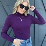Long Sleeve Ribbed Mock Neck Sweater-Purple - Infinity Raine