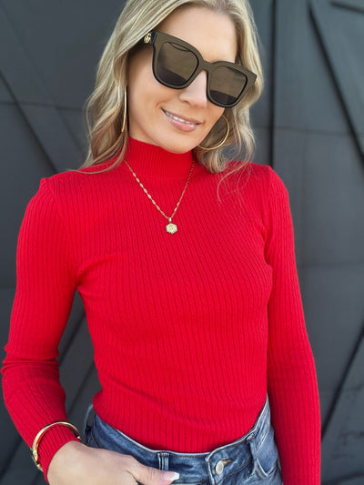 ACTIVE BASIC Shirts & Tops Long Sleeve Ribbed Mock Neck Sweater-Red
