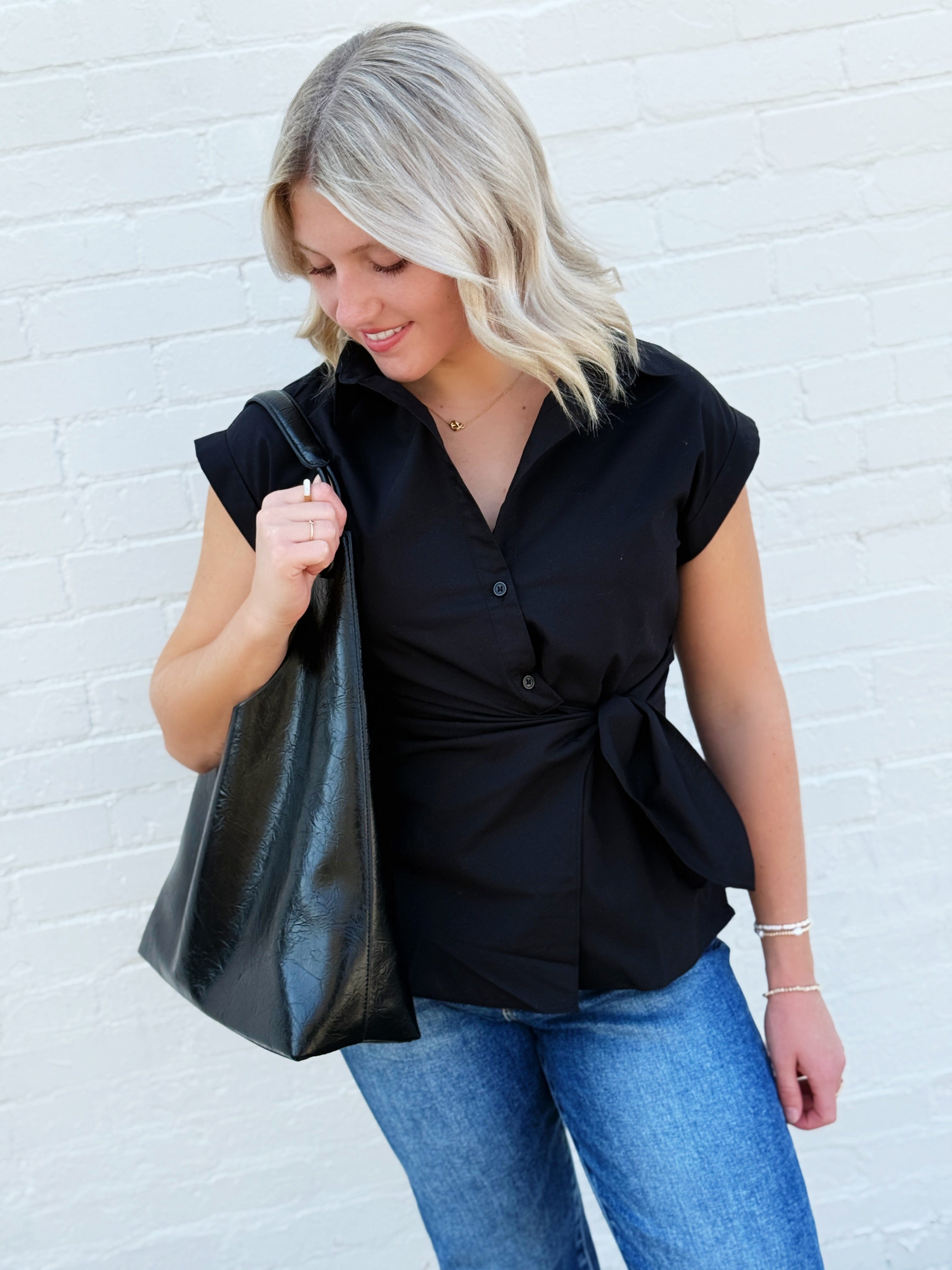 ACTIVE BASIC Tops - Blouses Dolman Sleeve Side Knot Poplin Top In Black