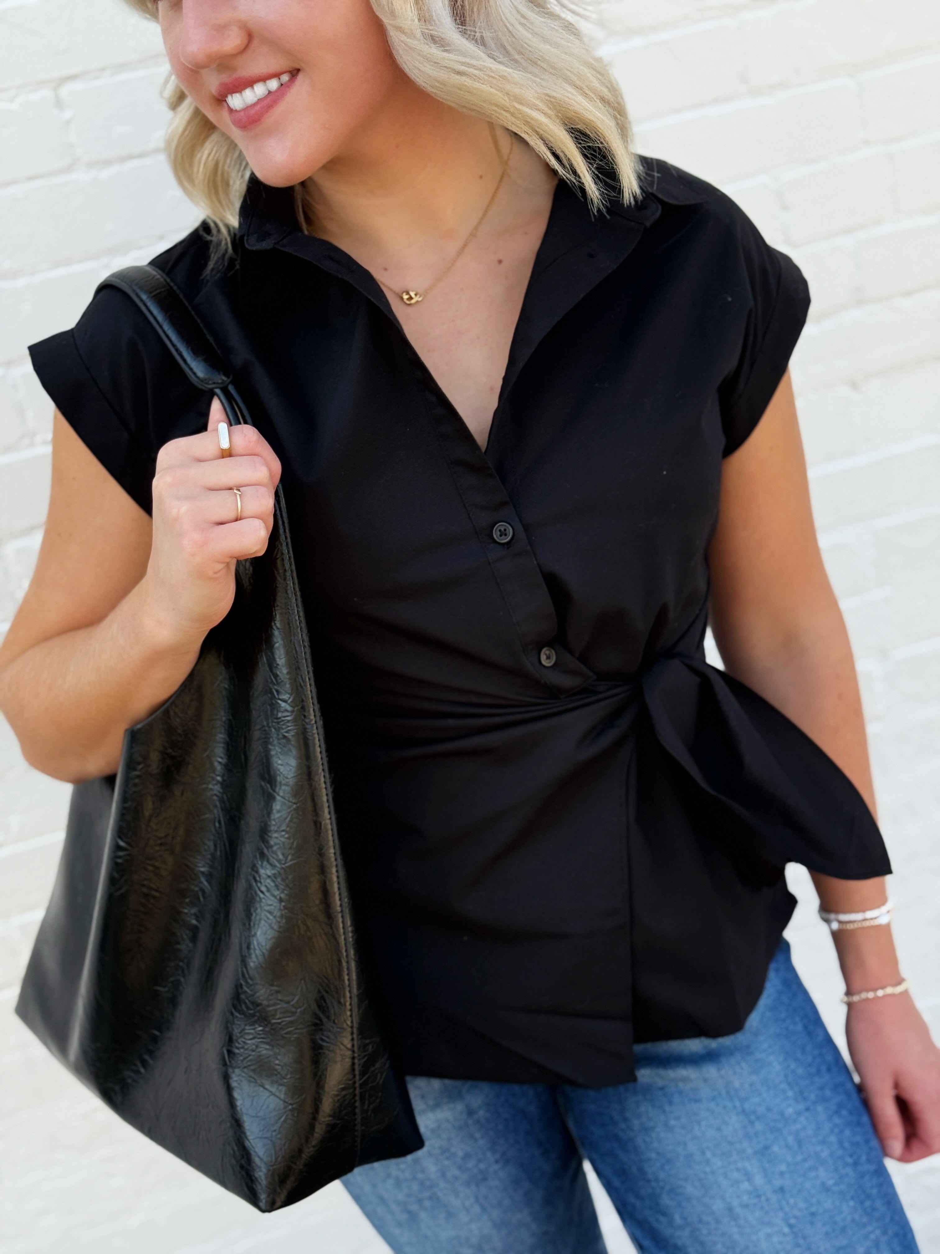 ACTIVE BASIC Tops - Blouses Dolman Sleeve Side Knot Poplin Top In Black