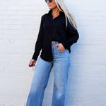 Long Sleeve Linen Blend Shirt In Black - Infinity Raine