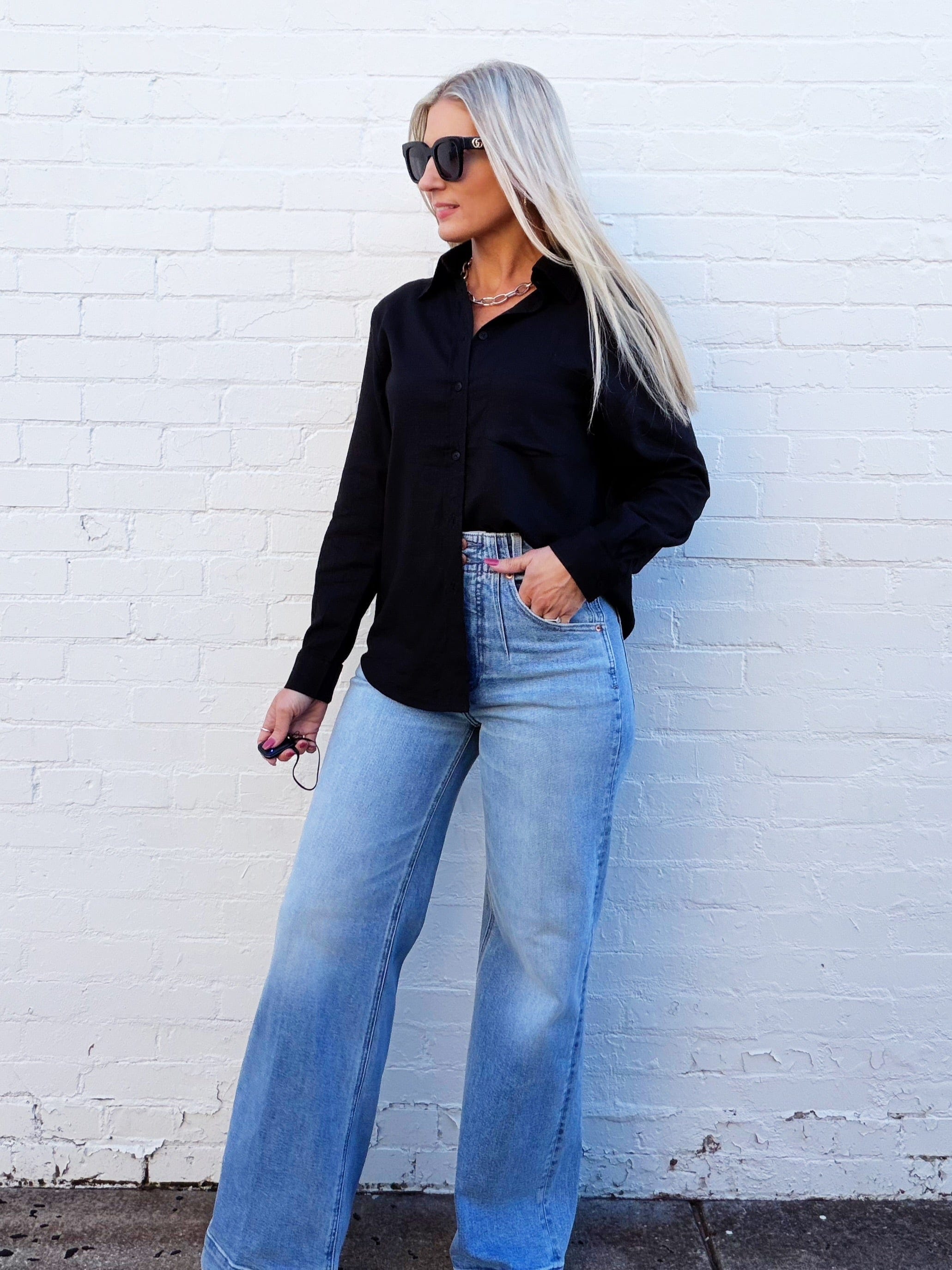 Long Sleeve Linen Blend Shirt In Black - Infinity Raine