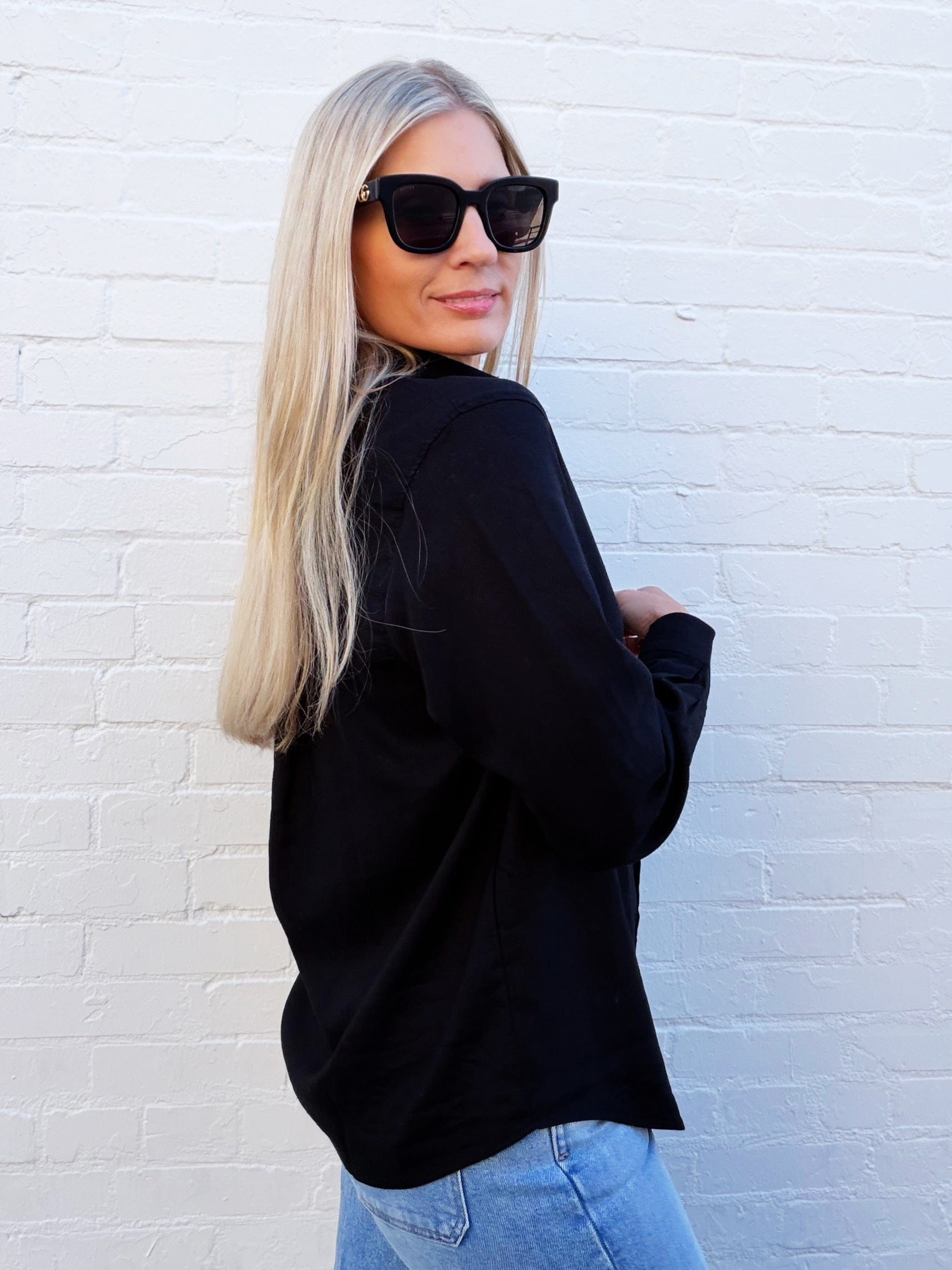 Long Sleeve Linen Blend Shirt In Black - Infinity Raine