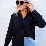 Long Sleeve Linen Blend Shirt In Black - Infinity Raine