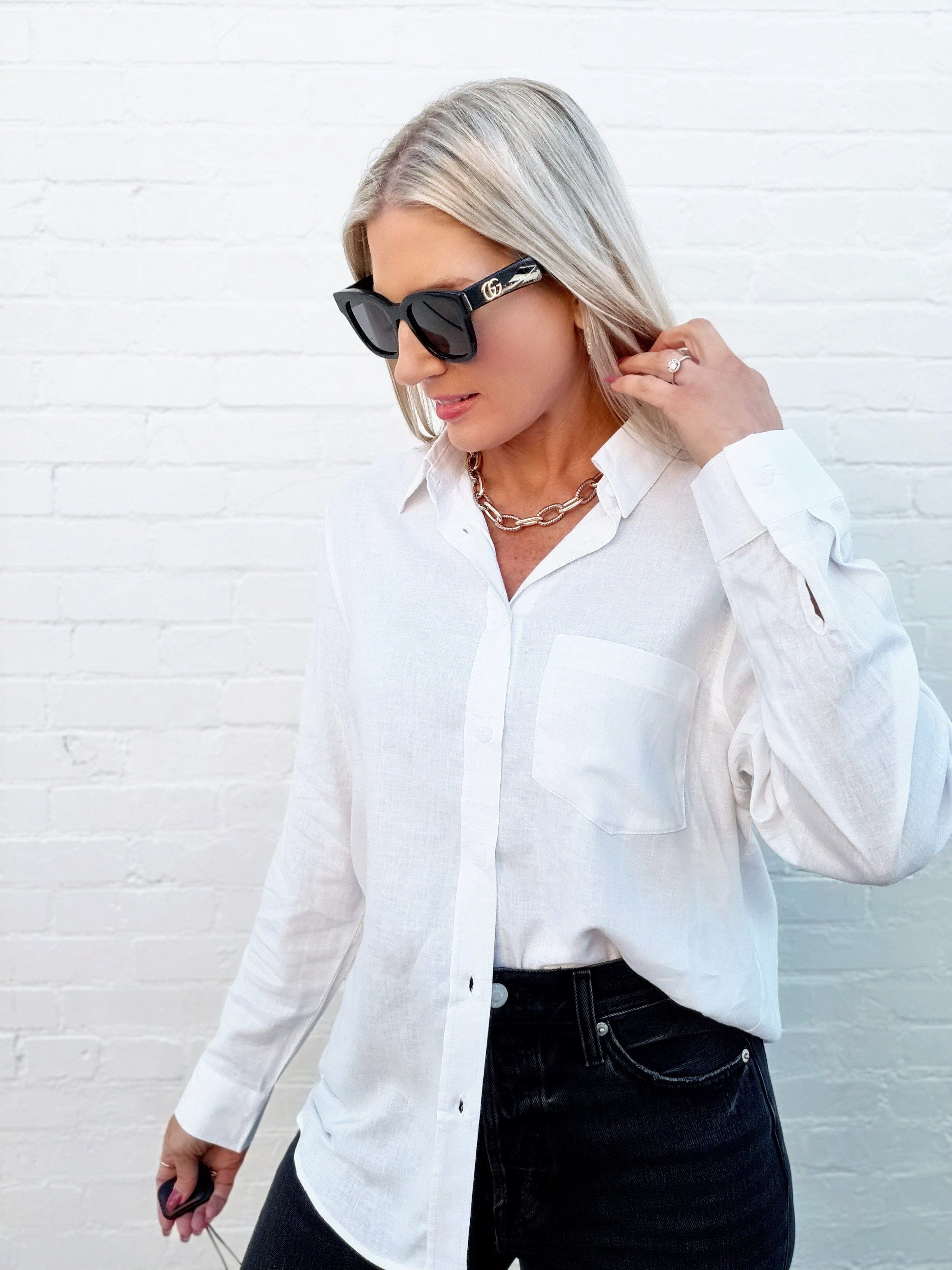 Long Sleeve Linen Blend Shirt In White - Infinity Raine