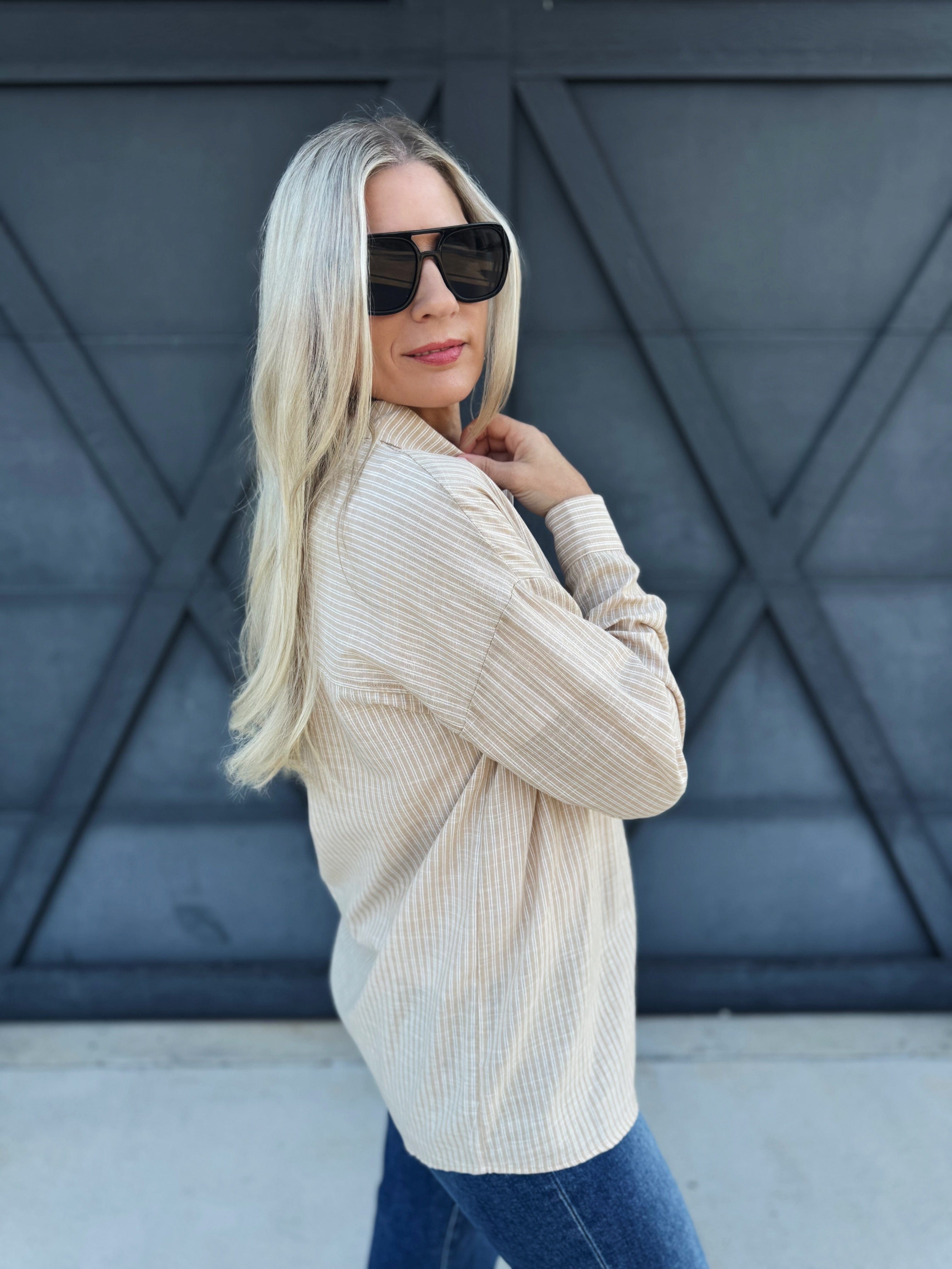 Stripe Gauze Button Down In Taupe - Infinity Raine