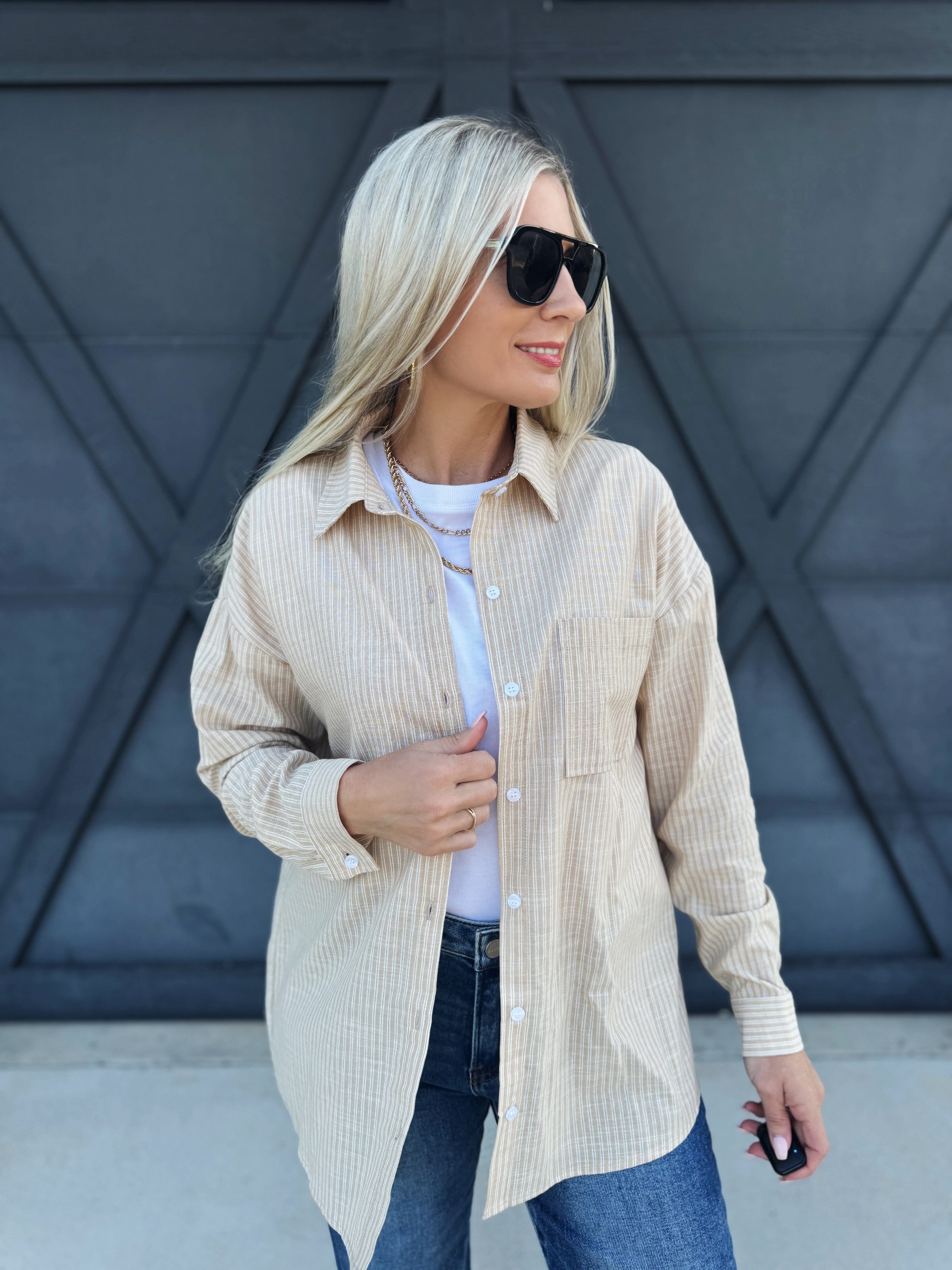 Stripe Gauze Button Down In Taupe - Infinity Raine