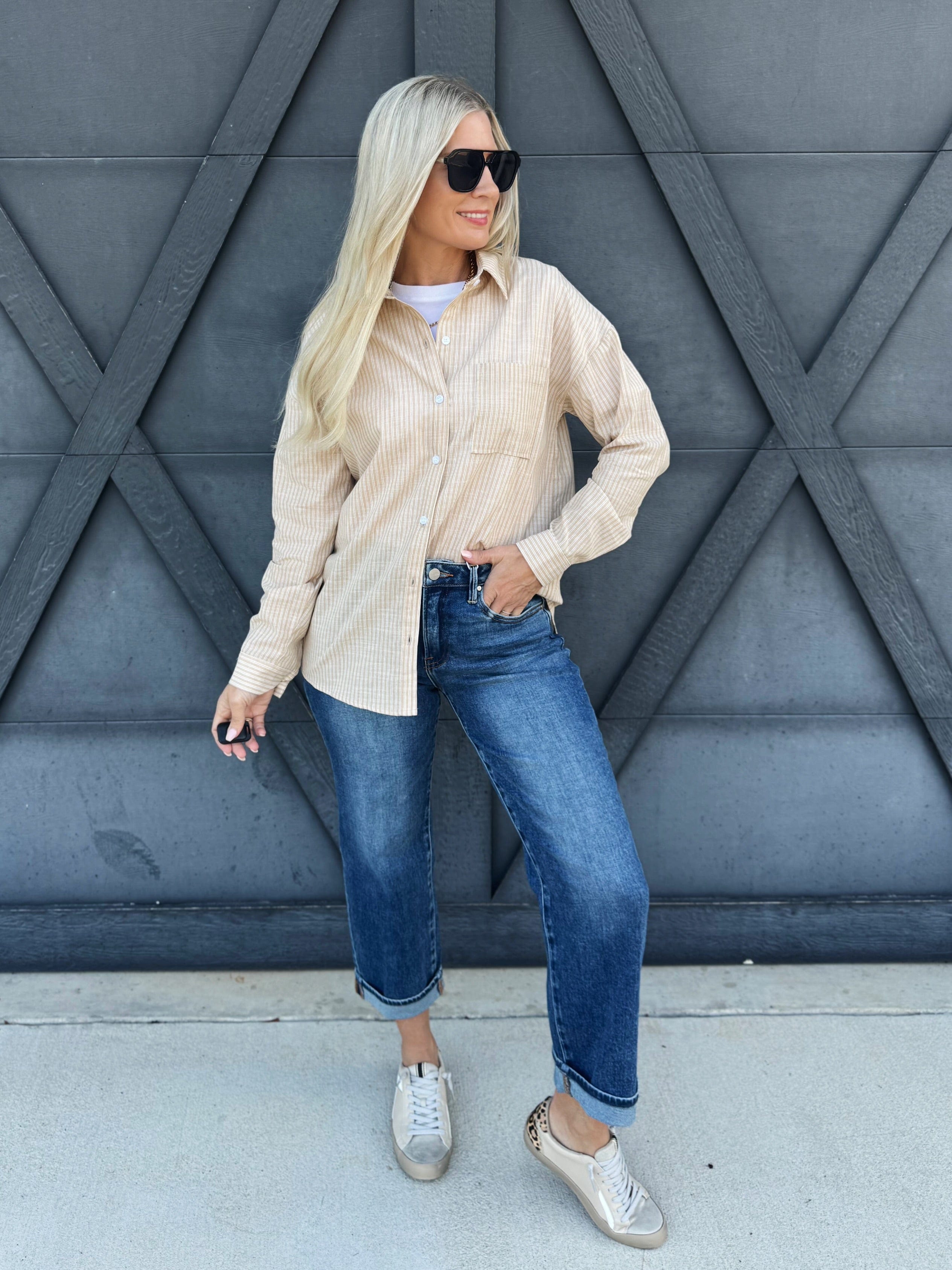 Stripe Gauze Button Down In Taupe - Infinity Raine