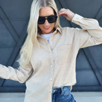 Stripe Gauze Button Down In Taupe - Infinity Raine