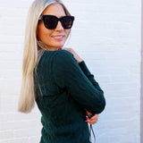 Long Sleeve Round Neck Cable Sweater In Hunter Green - Infinity Raine