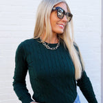 Long Sleeve Round Neck Cable Sweater In Hunter Green - Infinity Raine