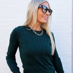 Long Sleeve Round Neck Cable Sweater In Hunter Green - Infinity Raine