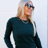 Long Sleeve Round Neck Cable Sweater In Hunter Green - Infinity Raine