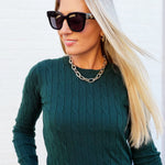 Long Sleeve Round Neck Cable Sweater In Hunter Green - Infinity Raine