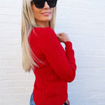 Long Sleeve Round Neck Cable Sweater In Red - Infinity Raine