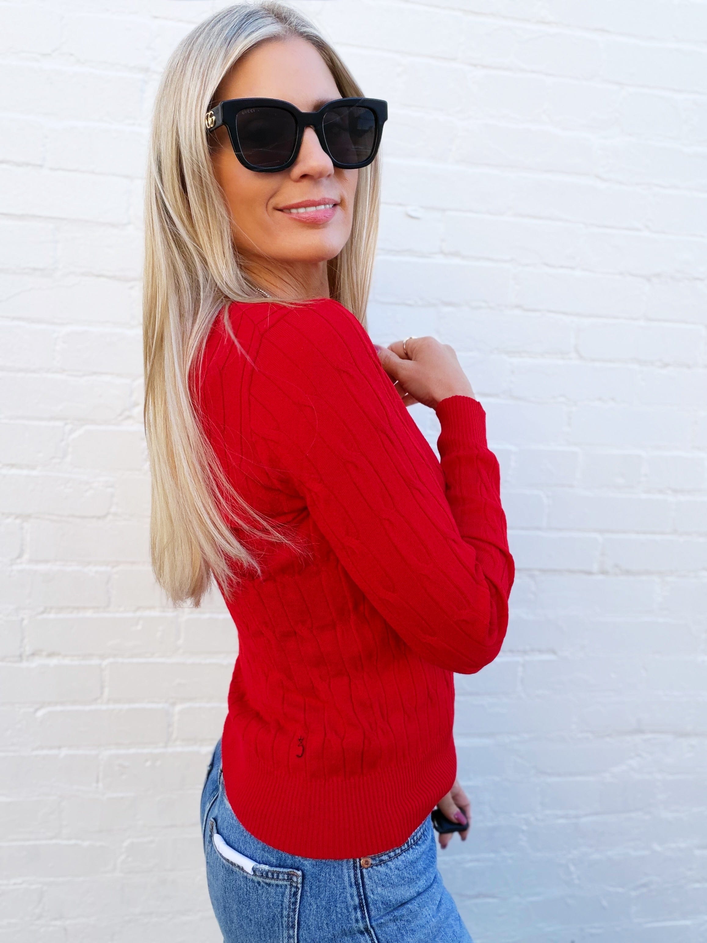 Long Sleeve Round Neck Cable Sweater In Red - Infinity Raine