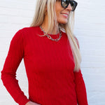 Long Sleeve Round Neck Cable Sweater In Red - Infinity Raine