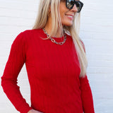 Long Sleeve Round Neck Cable Sweater In Red - Infinity Raine