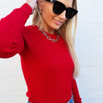 Long Sleeve Round Neck Cable Sweater In Red - Infinity Raine