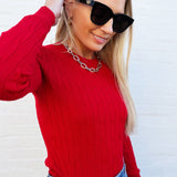 Long Sleeve Round Neck Cable Sweater In Red - Infinity Raine