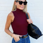 ACTIVE BASIC Tops - Tanks Mock Neck Ribbed Sweater Tank In Burgundy