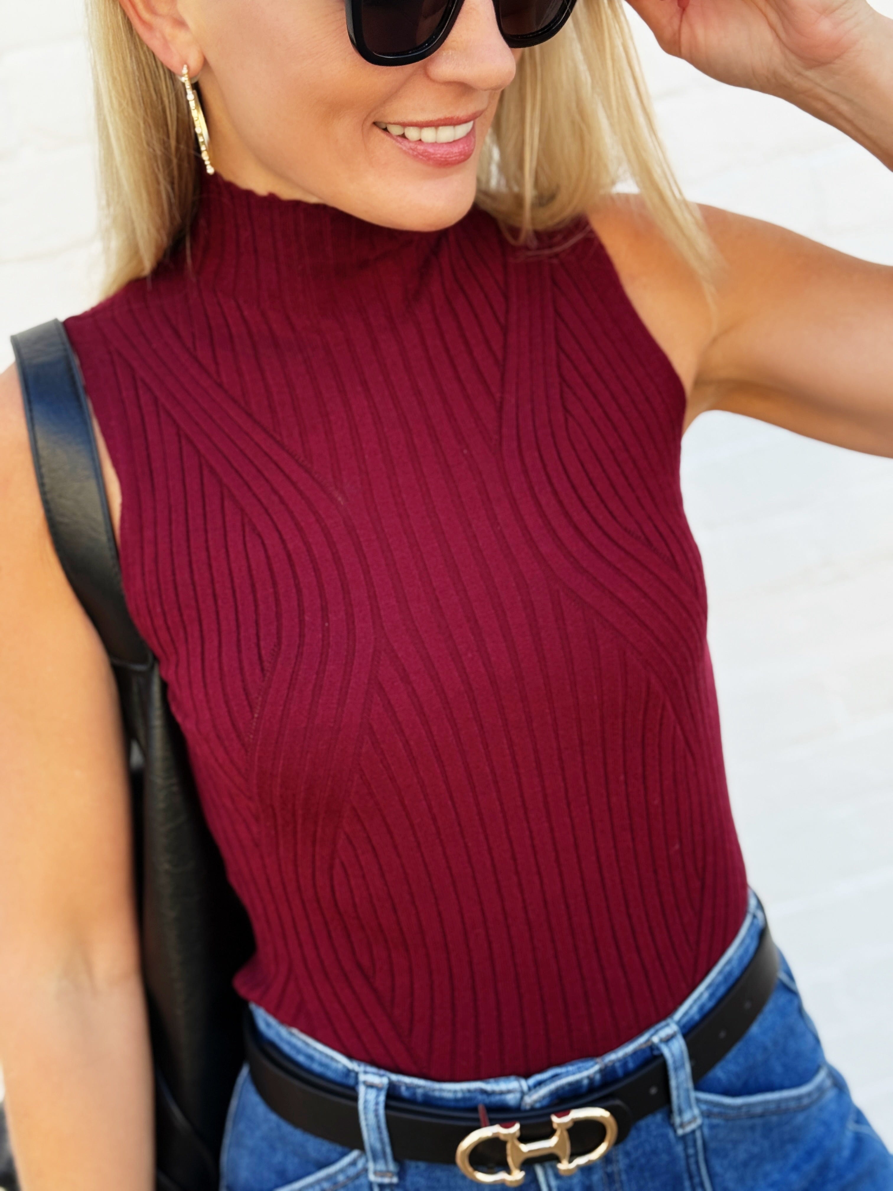 ACTIVE BASIC Tops - Tanks Mock Neck Ribbed Sweater Tank In Burgundy