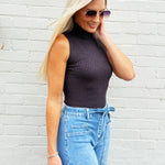 ACTIVE BASIC Tops - Tanks Mock Neck Ribbed Sweater Tank In Charcoal