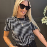 Round Neck Stripe Tee In Black - Infinity Raine