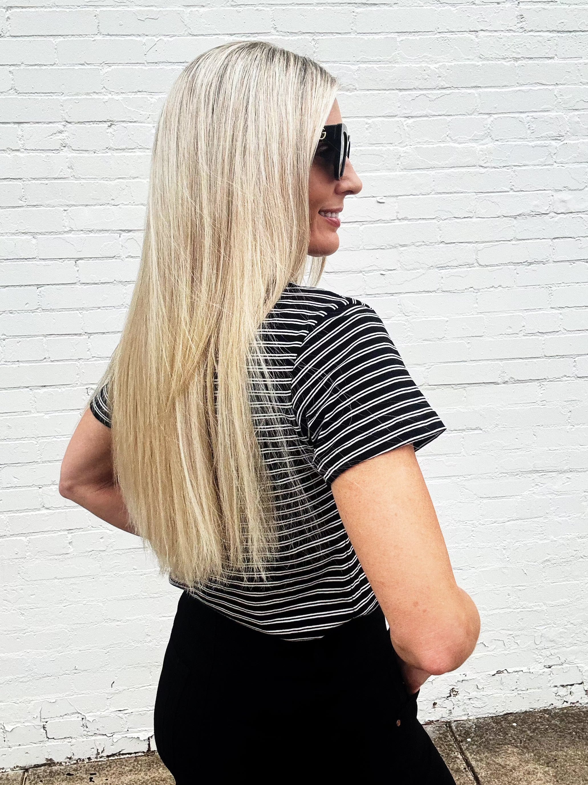 Round Neck Stripe Tee In Black - Infinity Raine