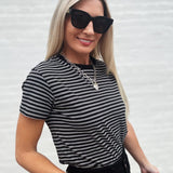 Round Neck Stripe Tee In Black - Infinity Raine