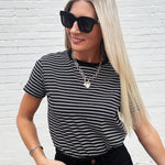 Round Neck Stripe Tee In Black - Infinity Raine