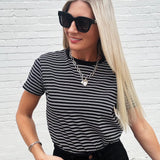 Round Neck Stripe Tee In Black - Infinity Raine