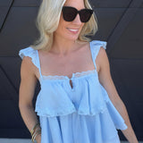 Adjustable Ruffle Lace Strap Tiered Cami Top In Blue - Infinity Raine