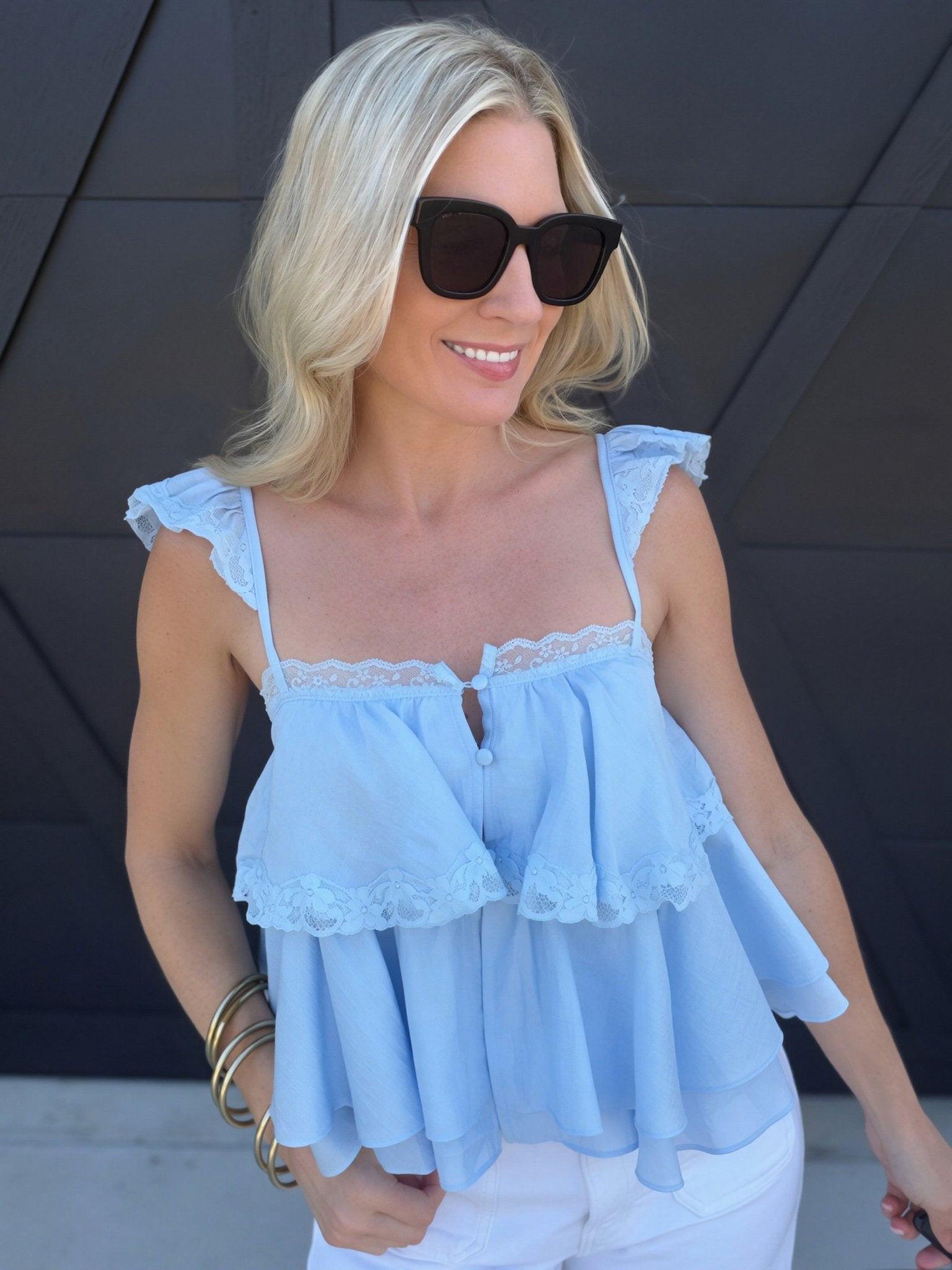 Adjustable Ruffle Lace Strap Tiered Cami Top In Blue - Infinity Raine