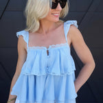 Adjustable Ruffle Lace Strap Tiered Cami Top In Blue - Infinity Raine