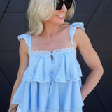 Adjustable Ruffle Lace Strap Tiered Cami Top In Blue - Infinity Raine