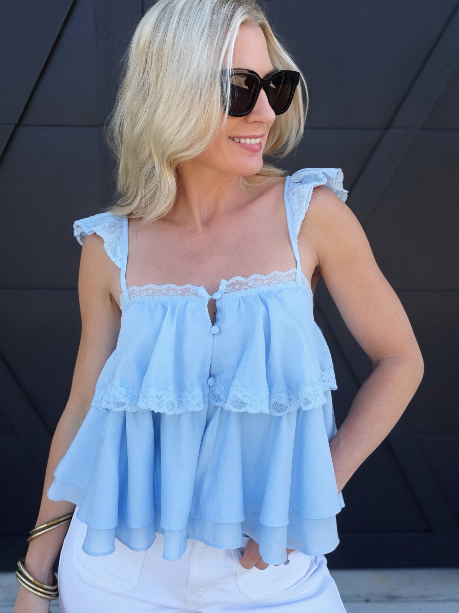 Adjustable Ruffle Lace Strap Tiered Cami Top In Blue - Infinity Raine