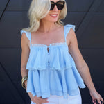 Adjustable Ruffle Lace Strap Tiered Cami Top In Blue - Infinity Raine