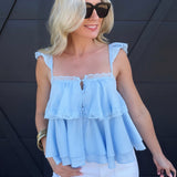 Adjustable Ruffle Lace Strap Tiered Cami Top In Blue - Infinity Raine
