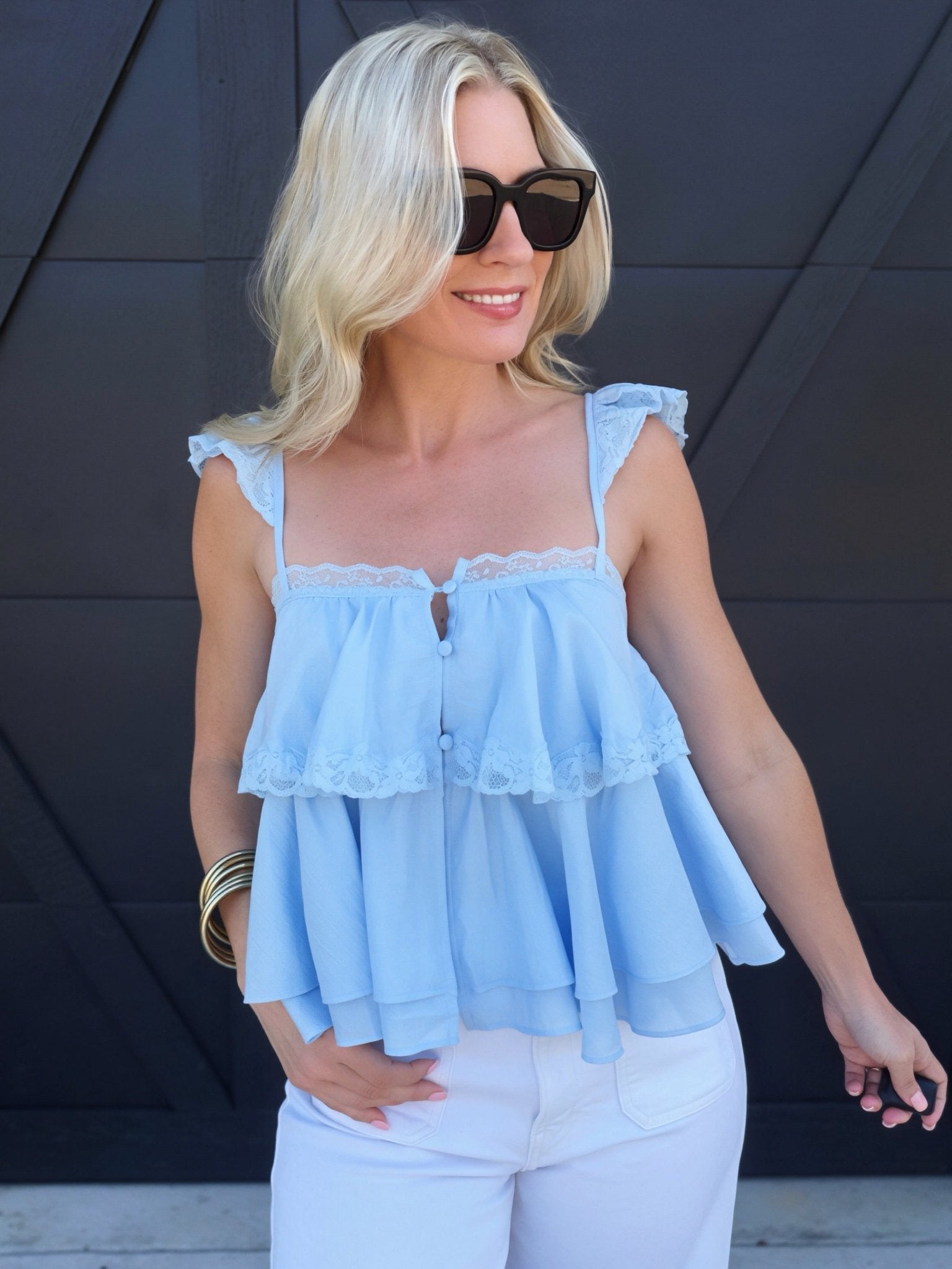 Adjustable Ruffle Lace Strap Tiered Cami Top In Blue - Infinity Raine