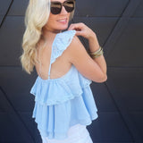 Adjustable Ruffle Lace Strap Tiered Cami Top In Blue - Infinity Raine