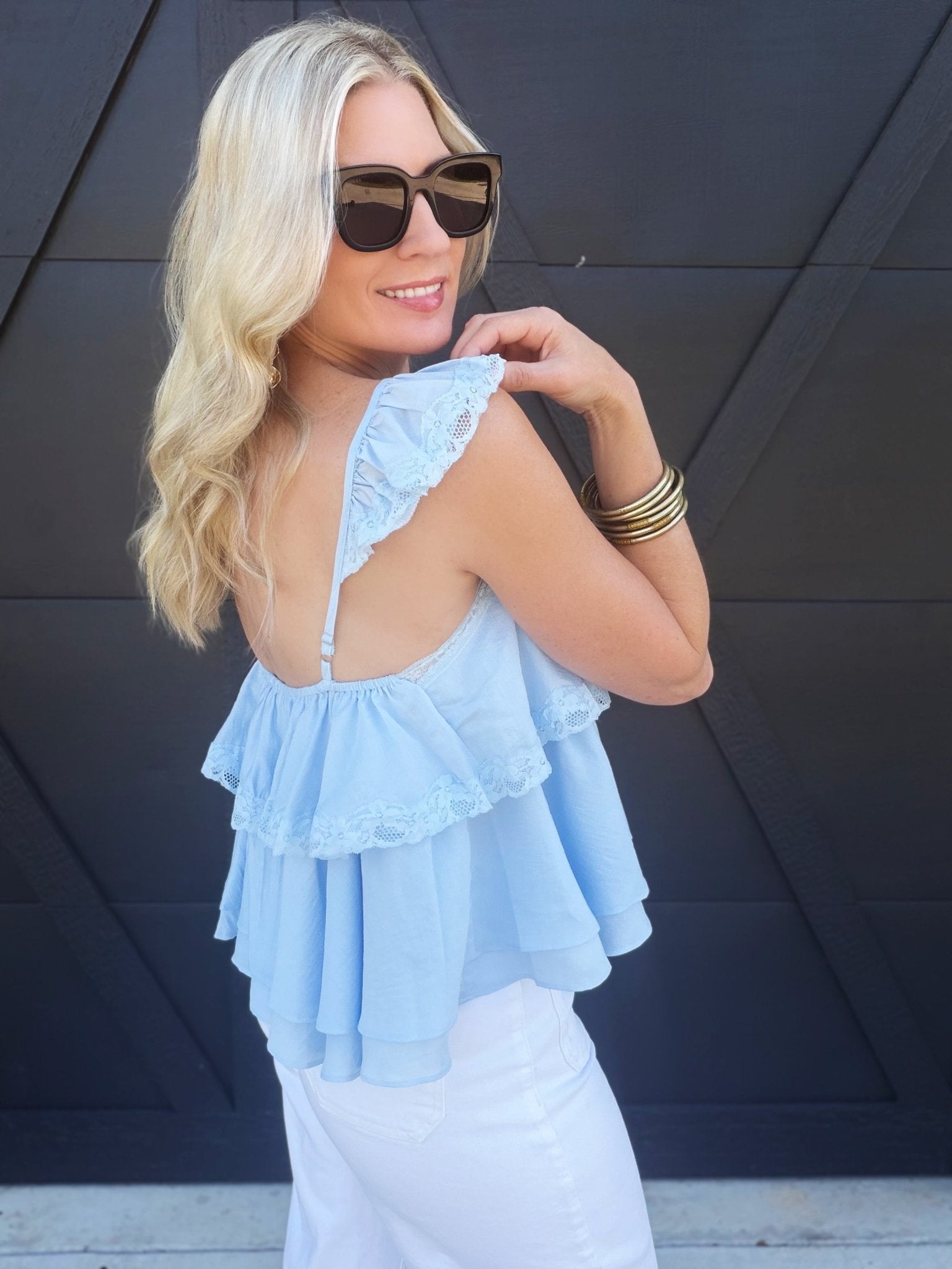 Adjustable Ruffle Lace Strap Tiered Cami Top In Blue - Infinity Raine