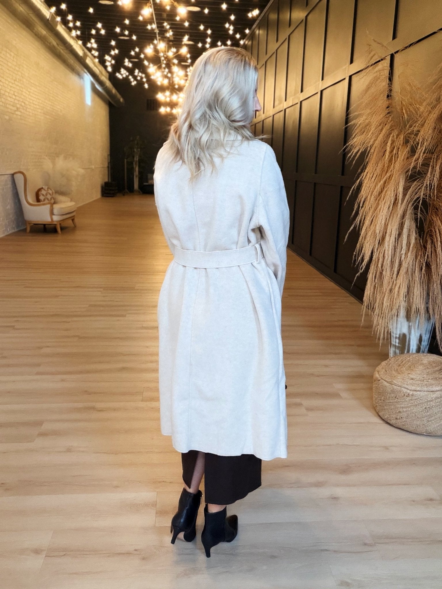 Adley Belted Wrap Coat In Beige - Infinity Raine