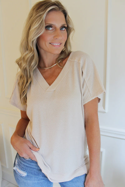 V-Neck Solid Side Slit Top-Taupe - Infinity Raine