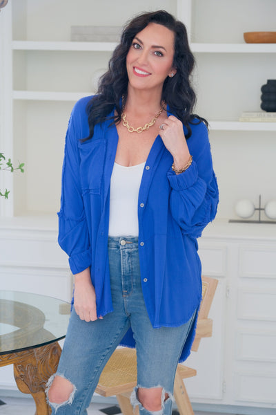 Versatile Oversized Button Up-Cobalt - Infinity Raine